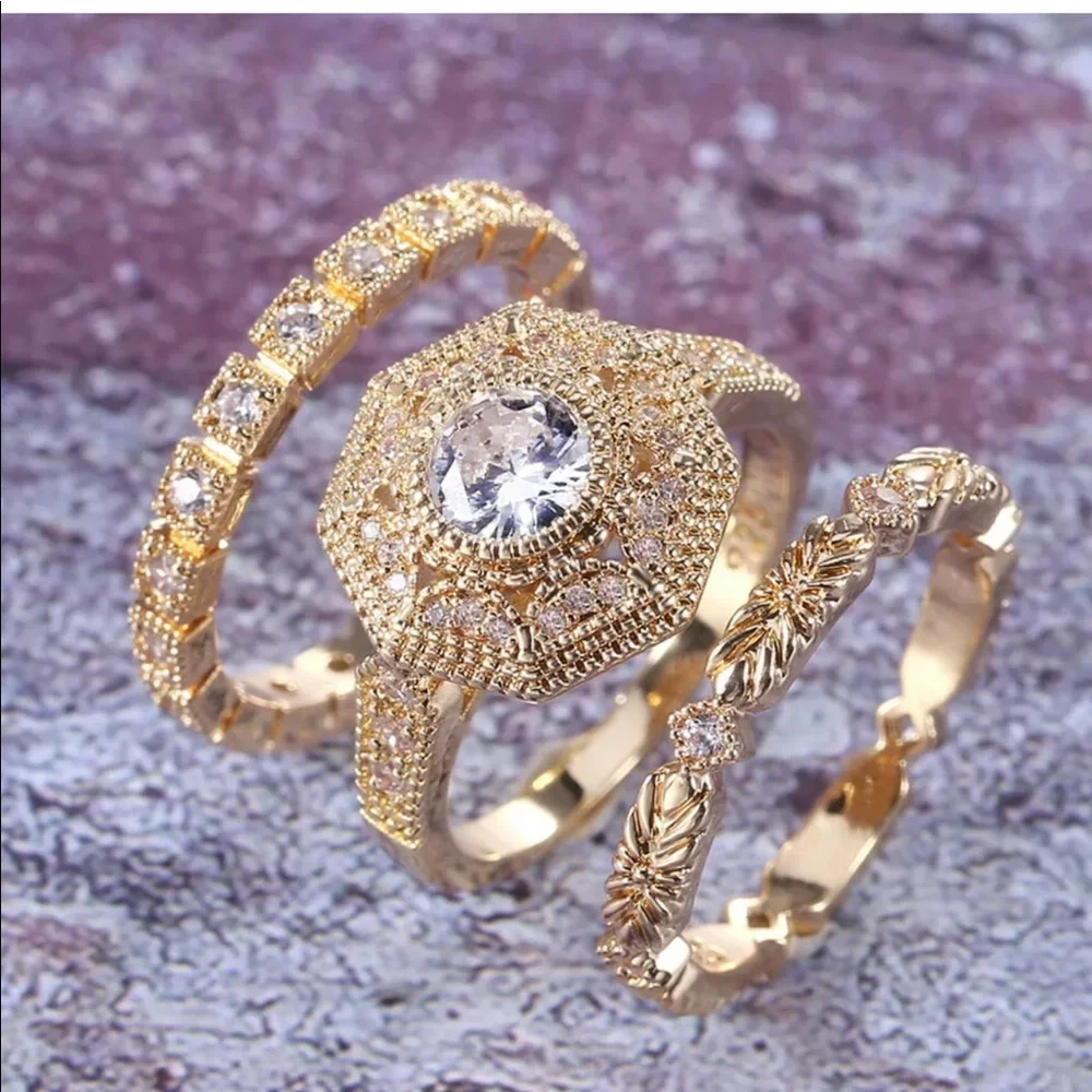 New Yellow Gold Plated Diamond Engagement Set Ring - Picture 5 of 6